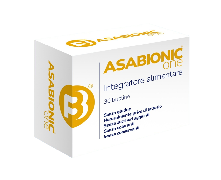Confezione Asabionic One FB Dermo su sfondo bianco - integratore in bustine con 4.000 mg di Myo-inositolo e Vitamina D3 per pelli acneiche