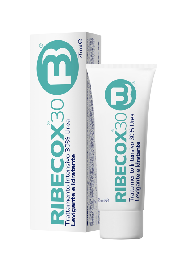 Flacone Ribecox 30 FB Dermo 75 ml su sfondo bianco - crema con Olio di Ribes Nero al 30% per pelli molto secche e bisognose