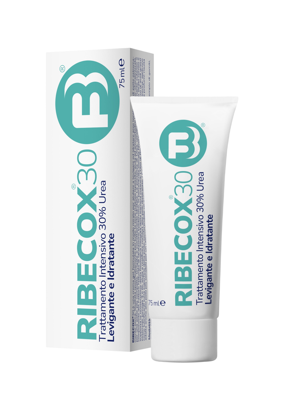 Flacone Ribecox 30 FB Dermo 75 ml su sfondo bianco - crema con Olio di Ribes Nero al 30% per pelli molto secche e bisognose