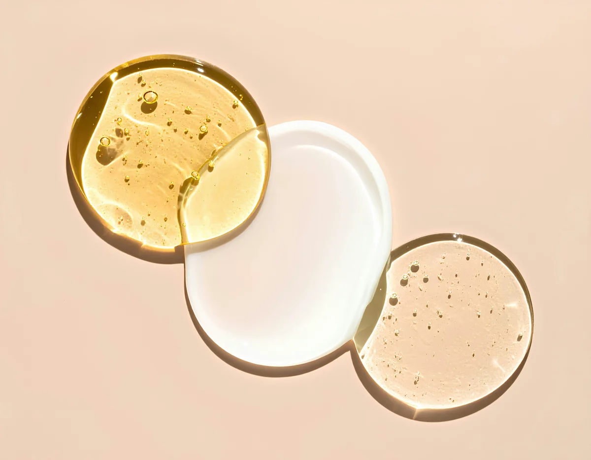 Gocce di siero dorato e crema su sfondo beige – principi attivi dermocosmetici